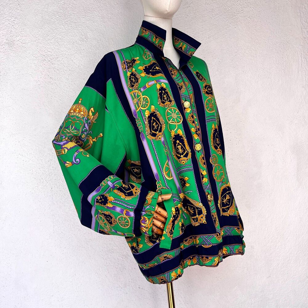 Vintage 90s G. Oberti Women's Baroque Scarf Print Silky Baggy Bomber Jacket Sz L